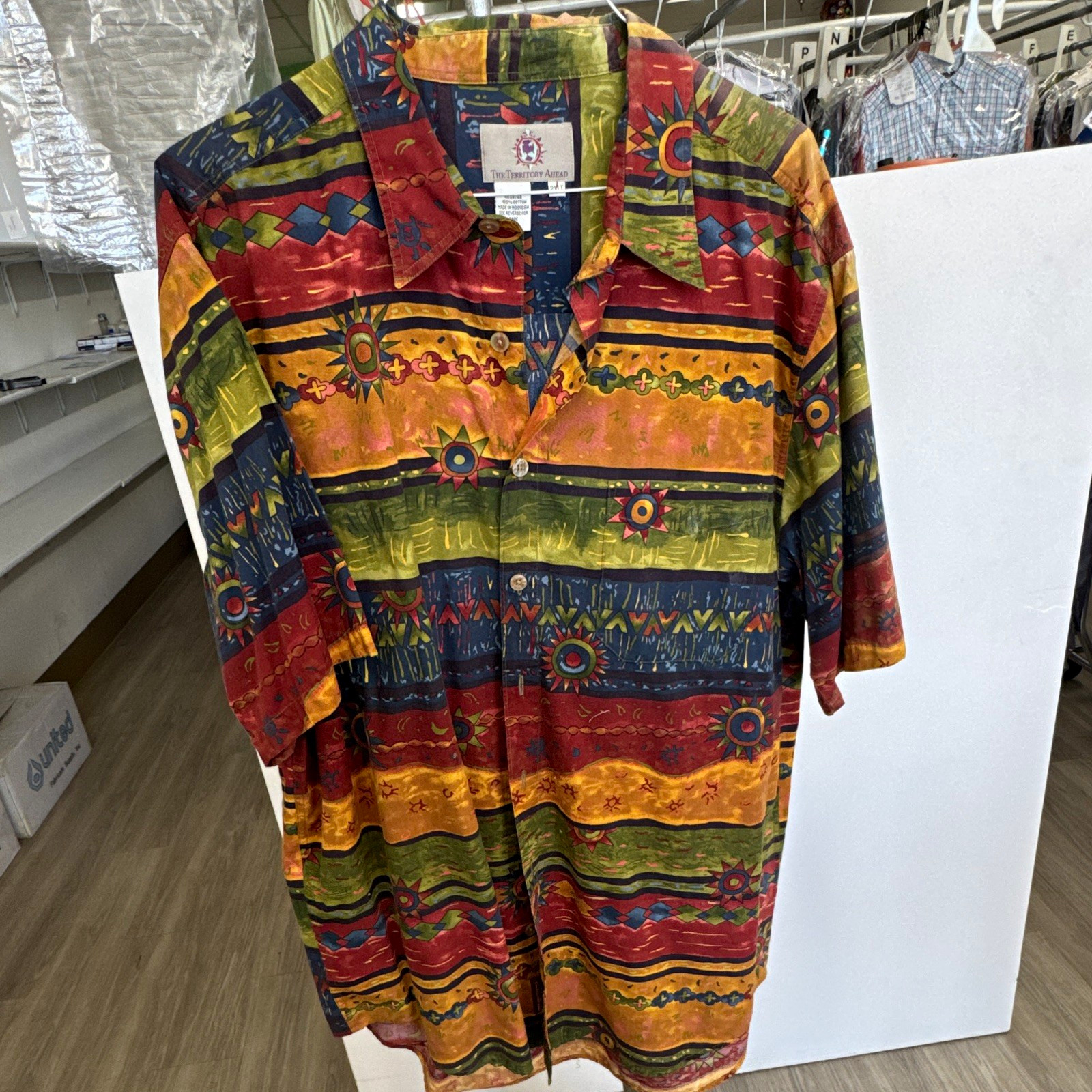The Territory Ahead Mens 2XLT Woven Cotton Multicolor Geometric SS Button-Up