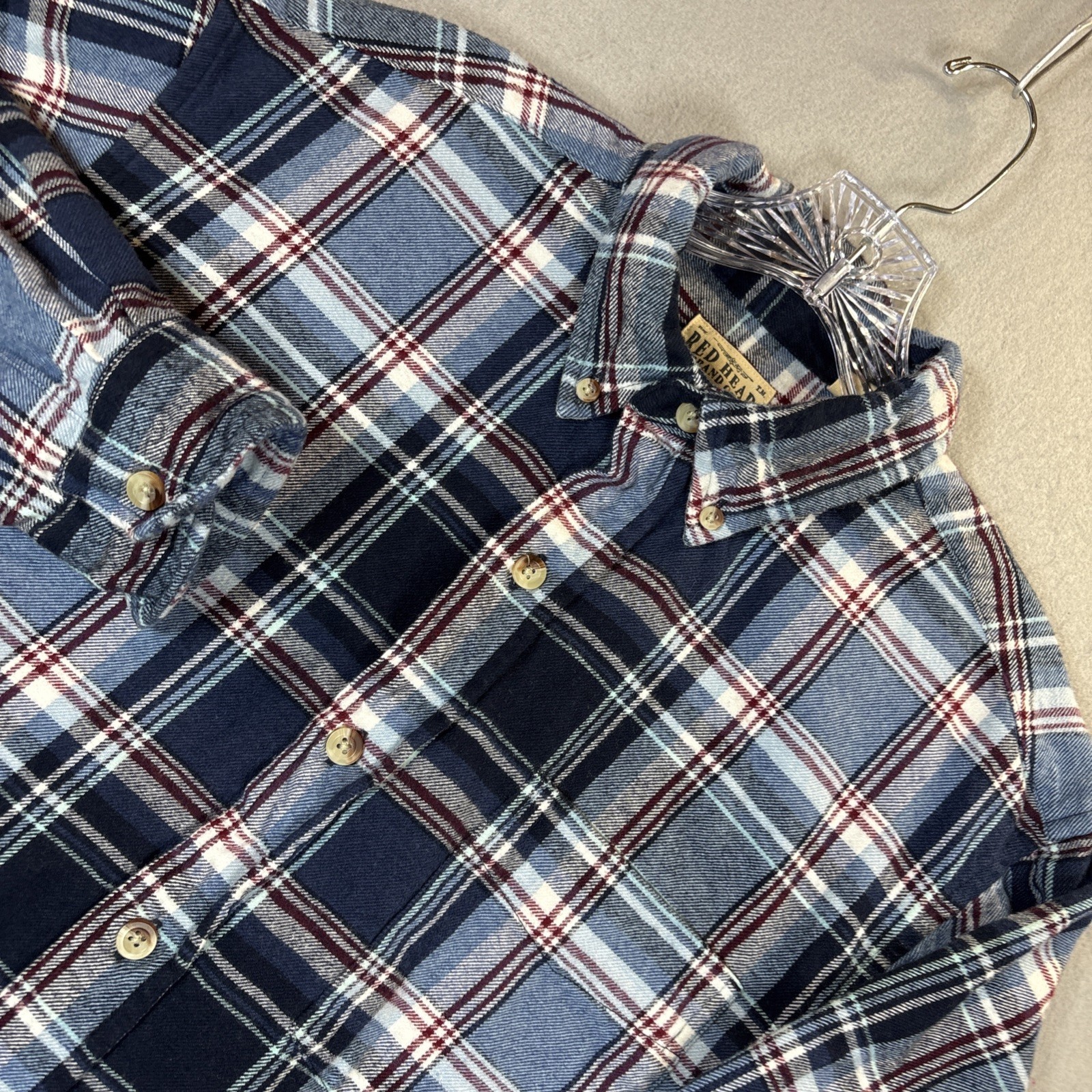 Red Head Brand Mens Flannel Shirt Medium Blue Plaid Classic Outdoor Utility