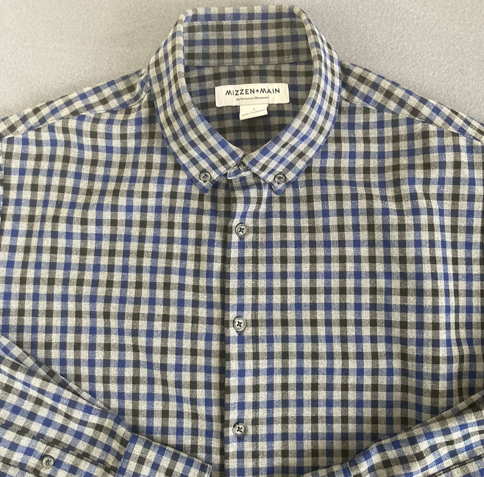 Mizzen+Main Performance Wear City Shirt Mens Large Trim Blue Gingham Button Down