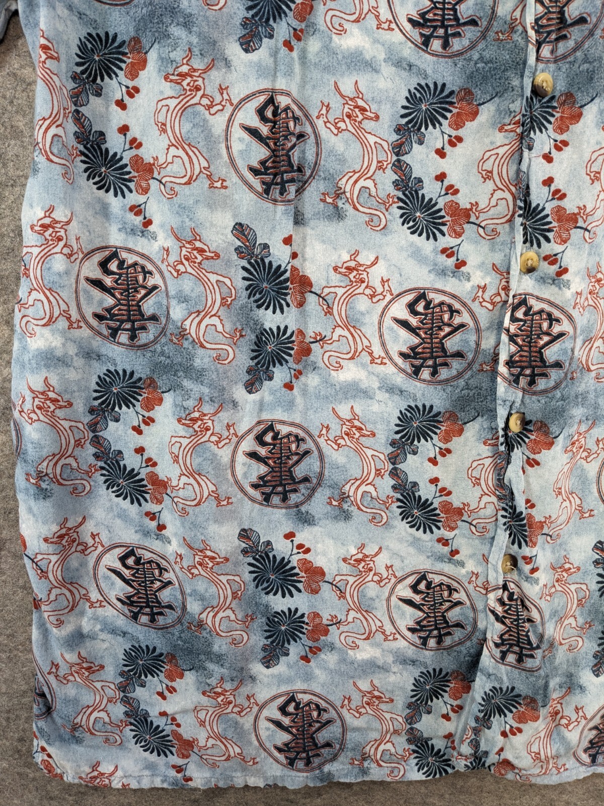 Greystone Sportswear Shirt Mens 2X Blue Red Asian Dragon Print Short Sleeve Camp