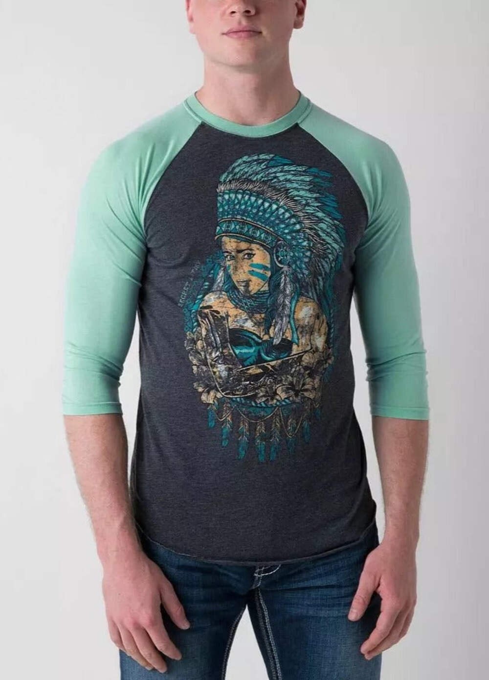 Secret Artist by Affliction Men’s T-shirt Sugar Feather 3/4 Raglan Shirt Biker