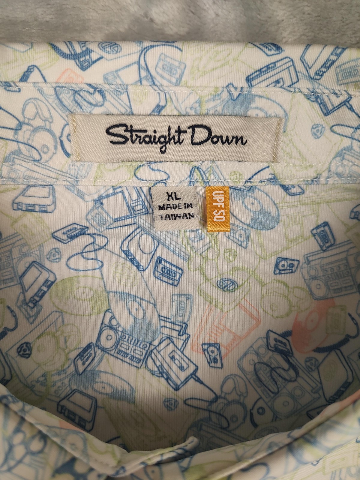 Straight Down Polo Shirt Mens XL Multicolor Music Print Golf UPF 50 Stretch