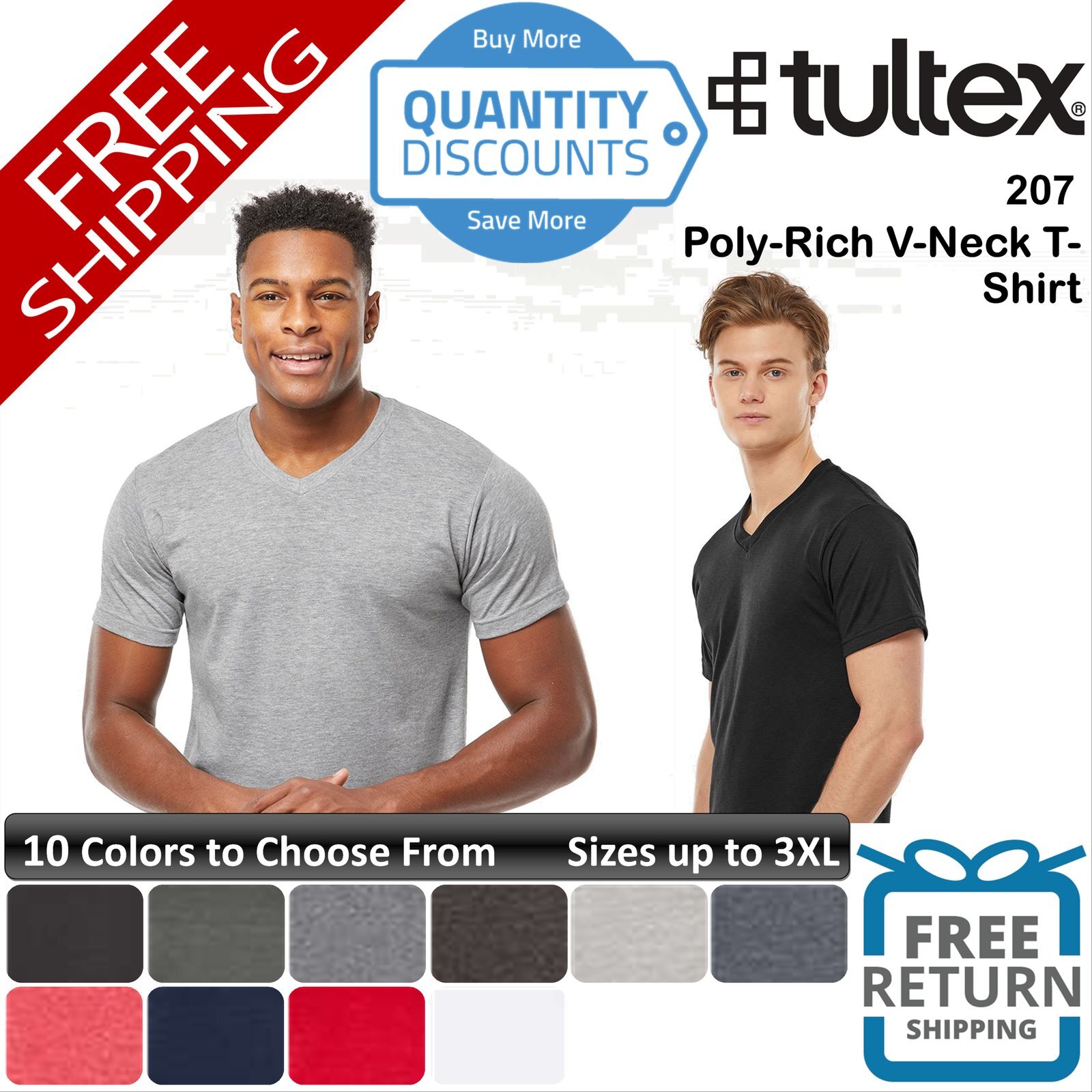 🔥 Tultex Men Poly-rich Short Sleeve Ring-spun V-neck T-shirt Up To 3XL 207