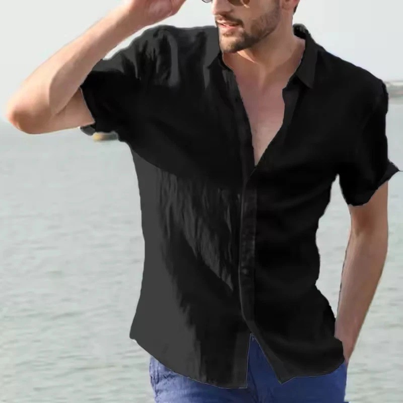 Men’s Summer Cotton Linen Short Sleeve Shirt Casual Solid Button-Down M-3XL
