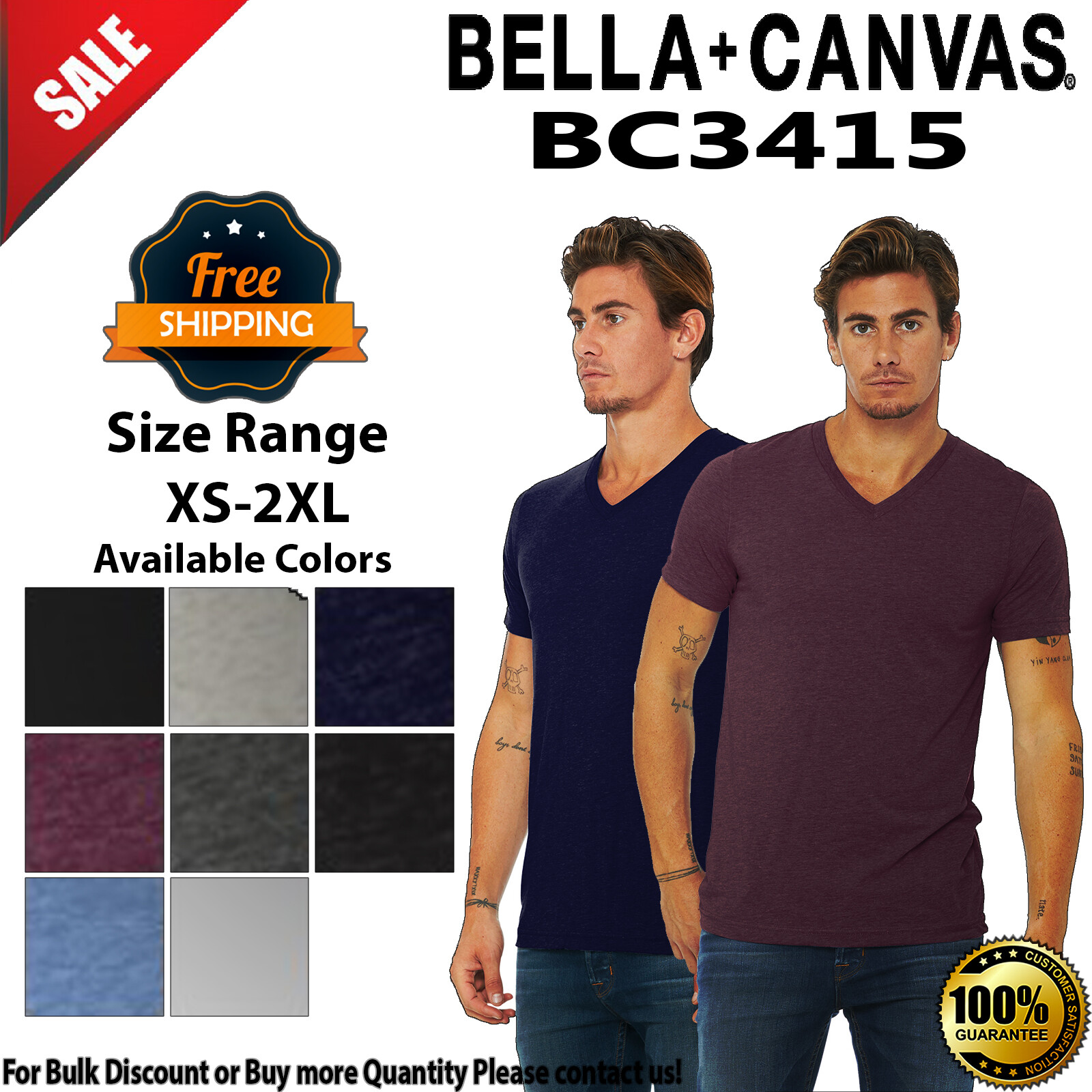 BELLA+CANVAS BC3415 Unisex Short Sleeve Triblend V Neck Stylish T-Shirt