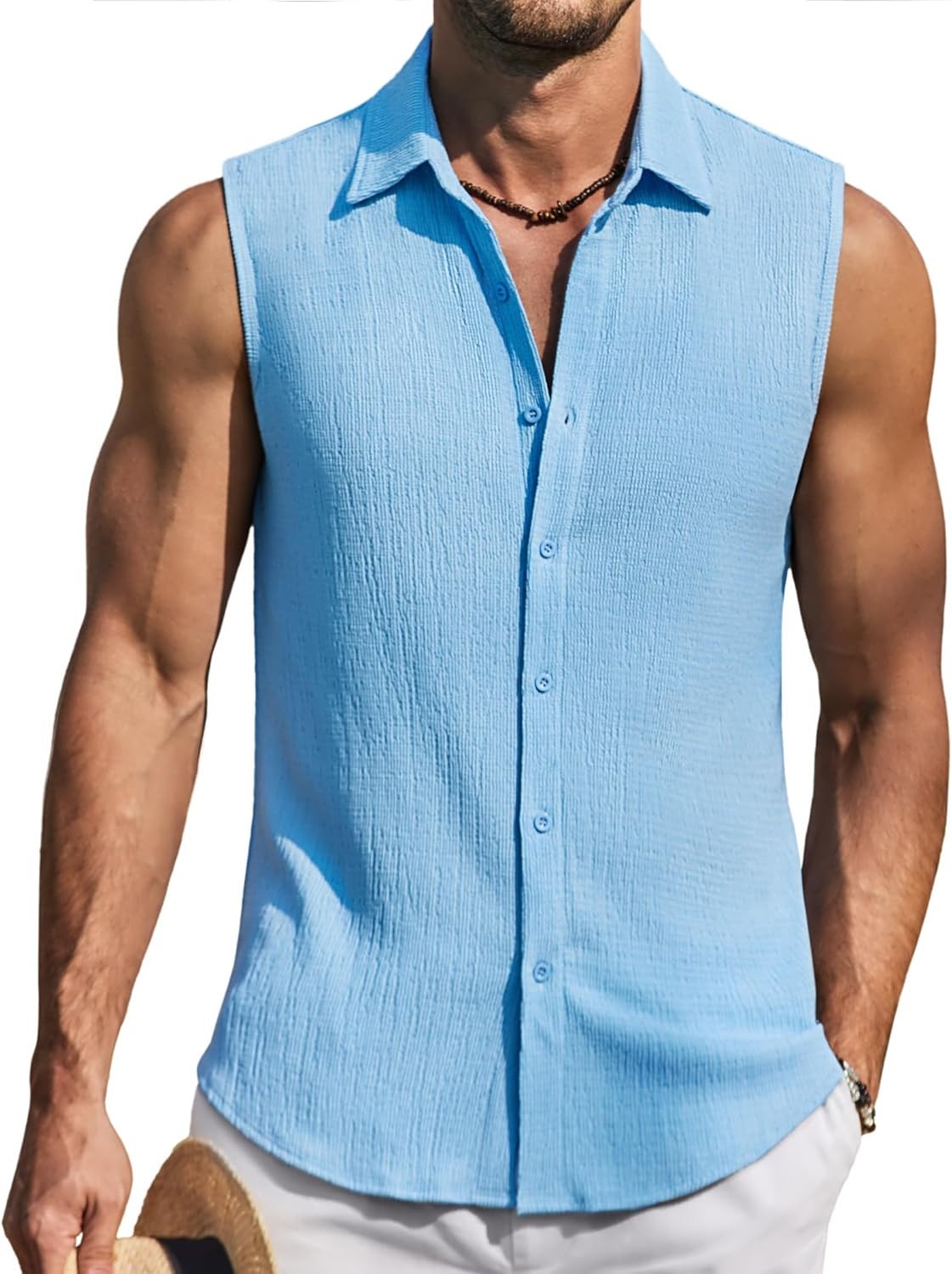 Men’s Shirt Sleeveless Turn Down Collar Regular Fit Summer Polyester2Spandex