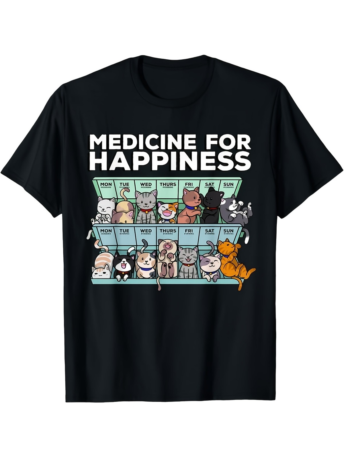 Cute Cat Graphic T-Shirt Medicine for Happiness Funny Cat Lover Tee Casual Shirt