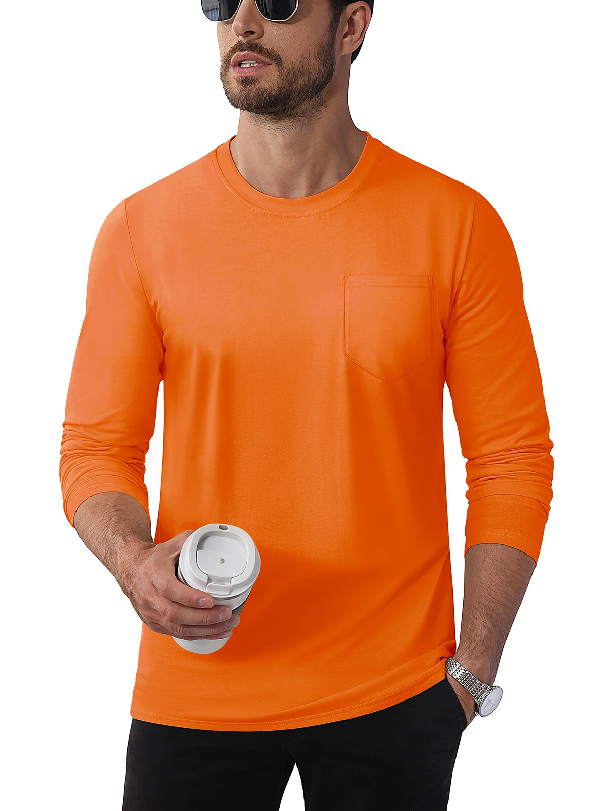 Men’s Cotton Casual Shirt Long Sleeve Chest Pocket Shirt Hiking Work Travel Tops