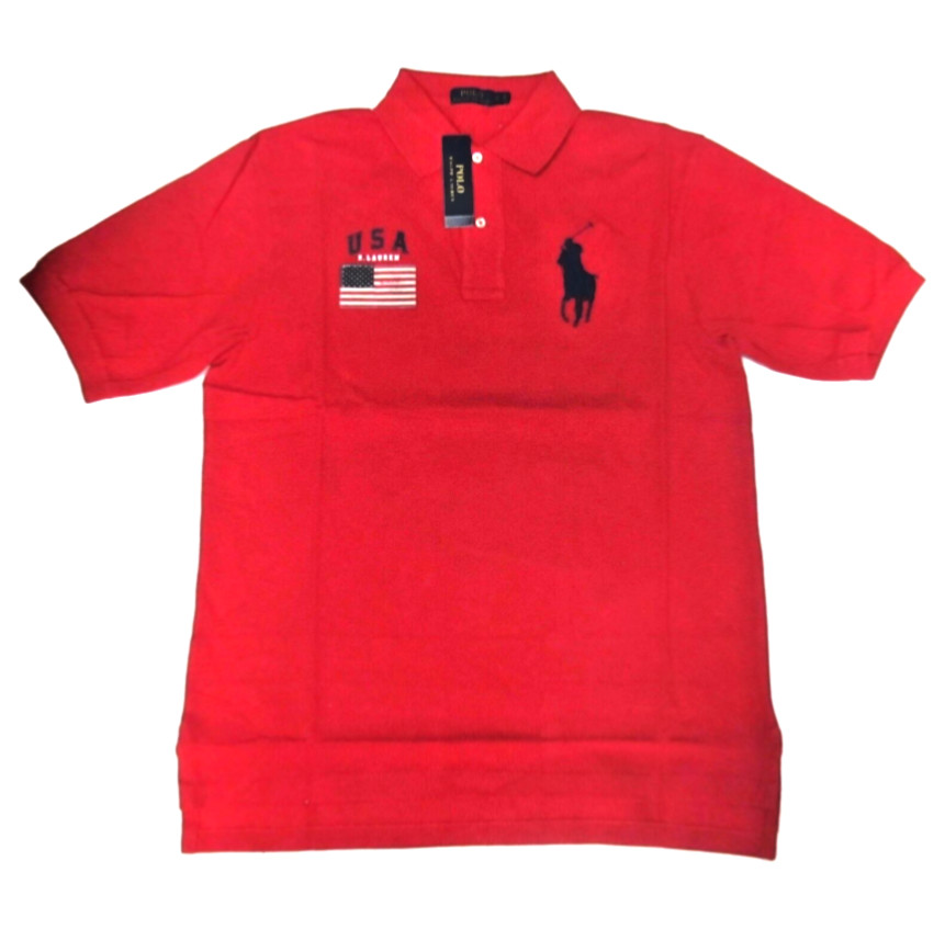Ralph Lauren Mens Big Pony Navy Red USA America Flag Patch Polo Shirt LT