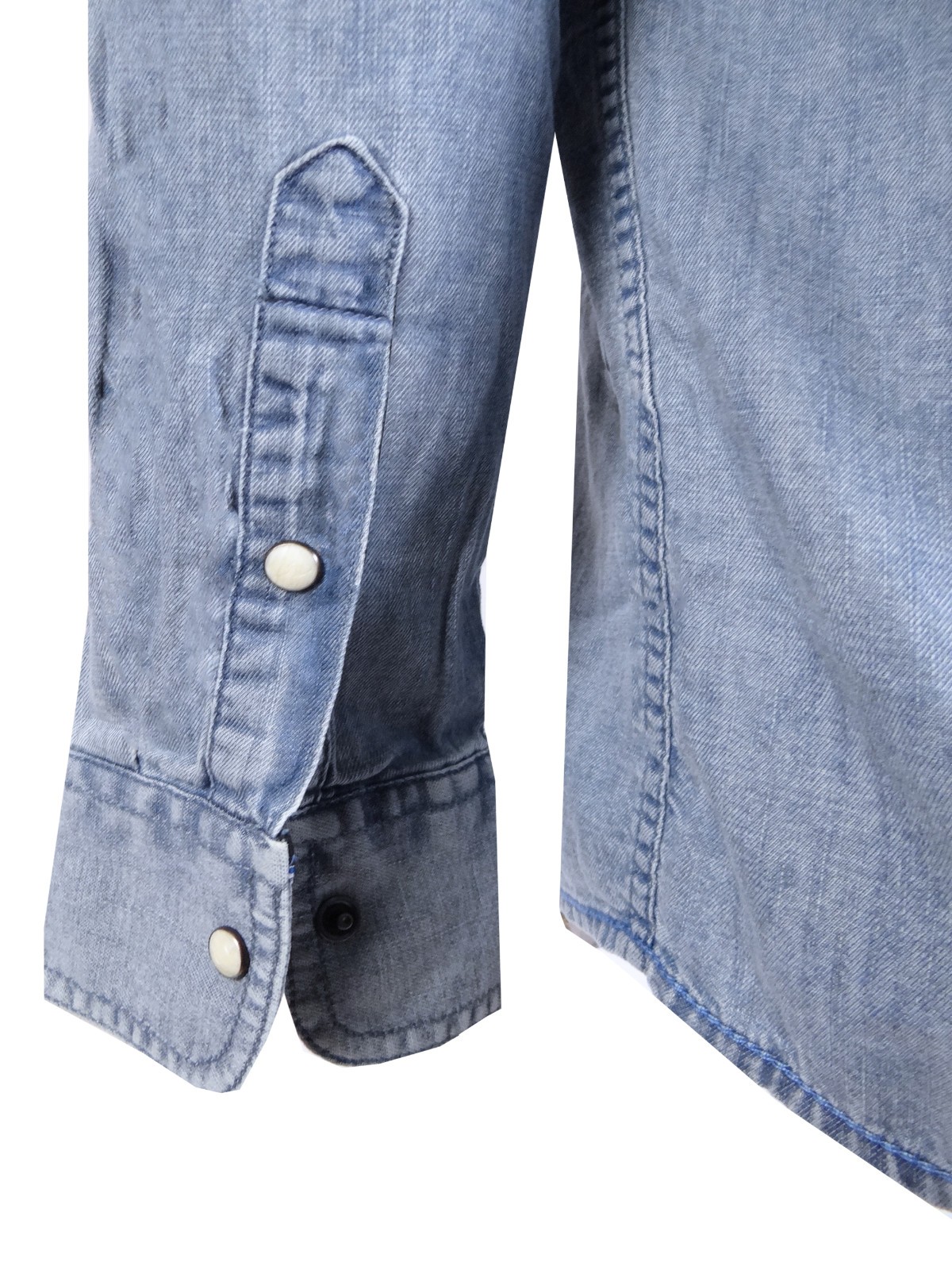 Denim Shirt Light Blue Wash Cotton Men Western Snap Pocket Flaps Matching Stitch