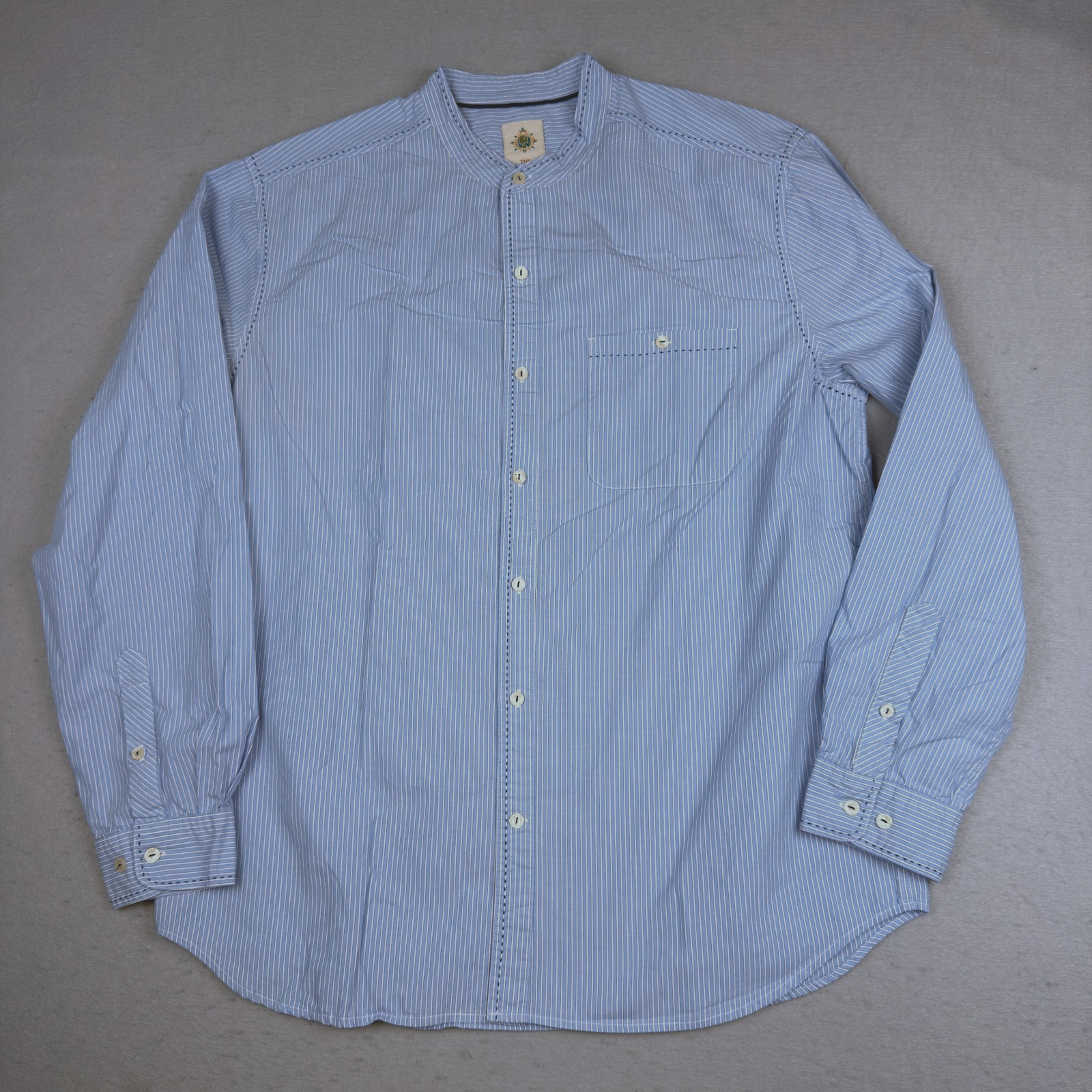 Territory Ahead Shirt Mens Large Blue Button Up Banded Grandfather Collar Doby