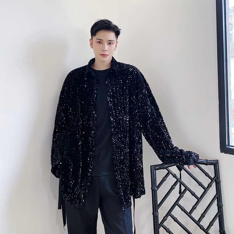 Men Sequined Velvet Button Shirt Long Sleeve Strap Glitter Nightclub Performance