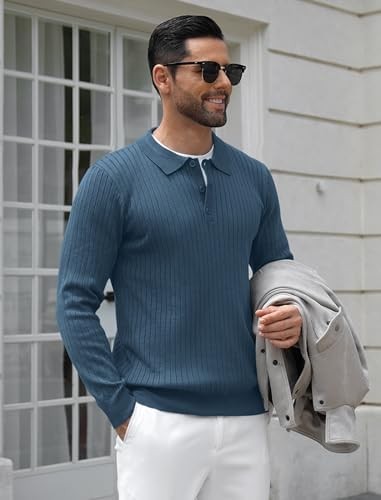 Men’s Button Down COOFANDY Mens Knit Polo Shirts Long Sleeve Collar Ribbed Denim