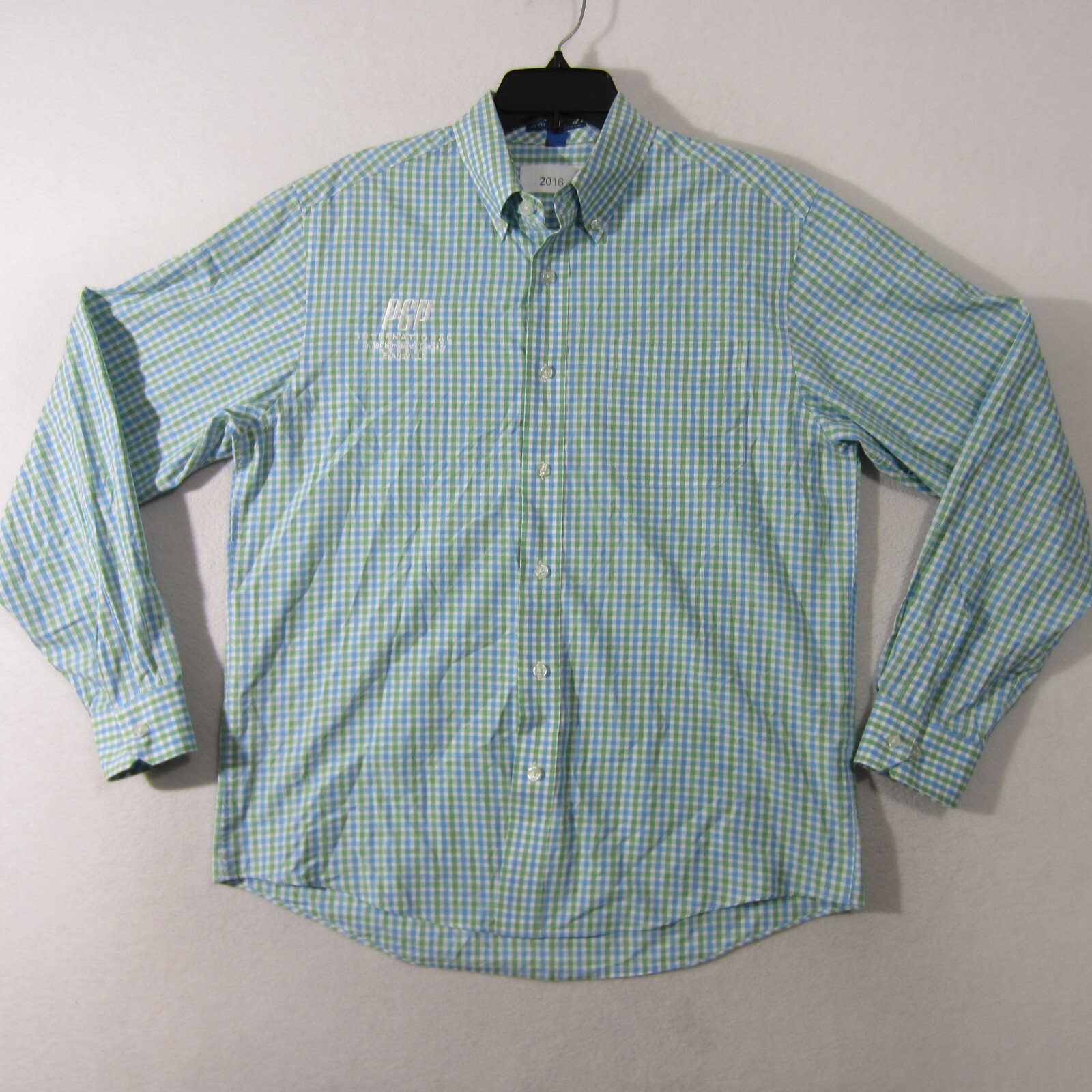 Port Authority Shirt Mens Medium Green Blue White Button Up Office Logo 2016