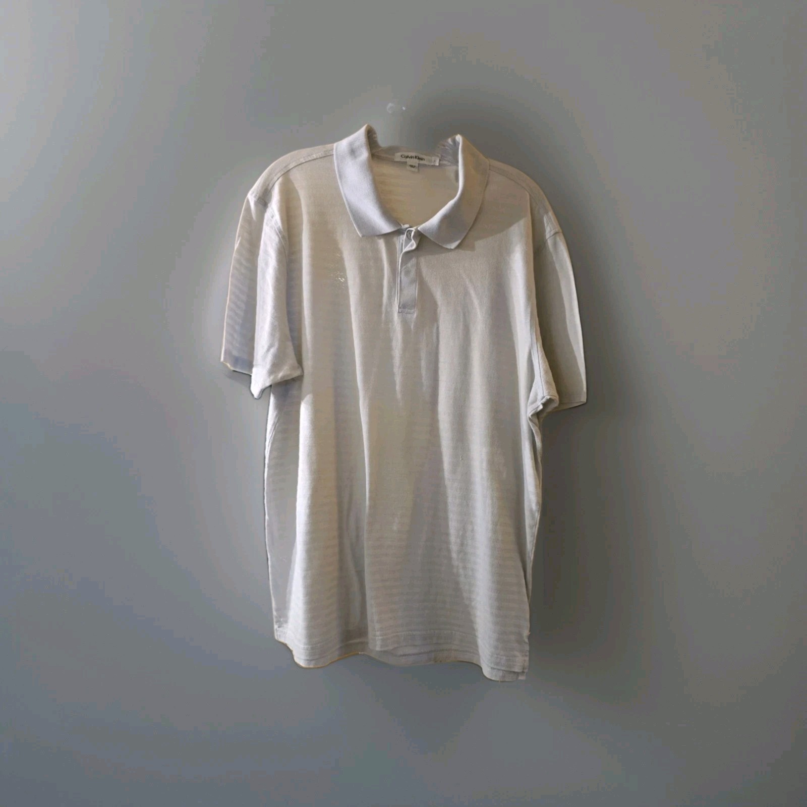 Calvin Klein Polo Shirt Men Large Lt Gray Ice Blue Striped Short Sleeve Casual