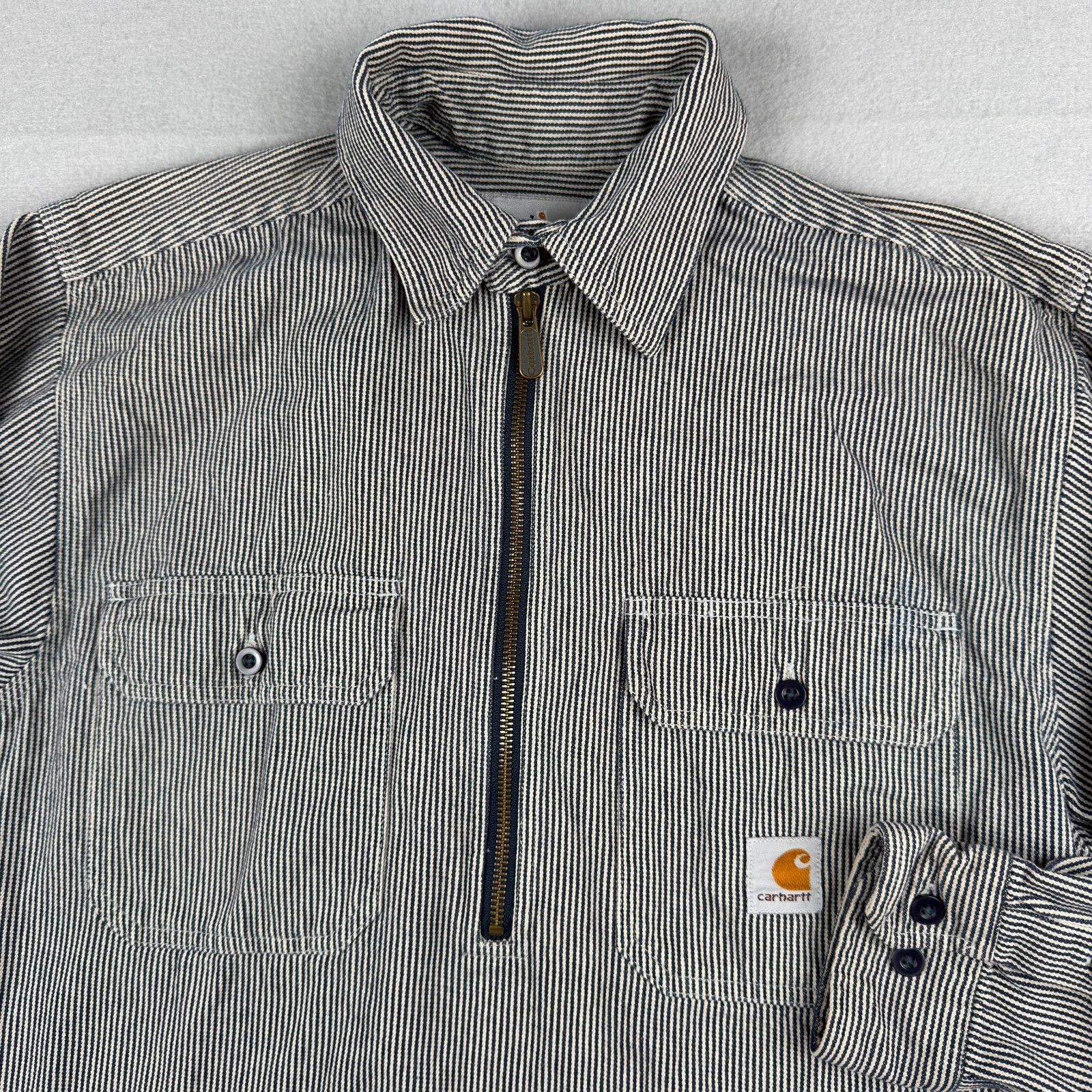 Carhartt Denim Shirt Mens Small Hickory Striped Workwear Logger 1/2 Zip Pullover