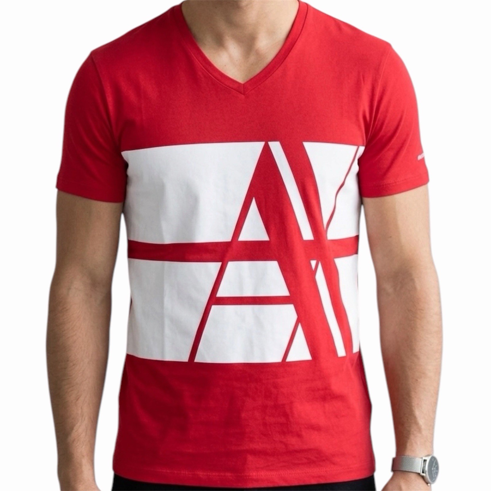 ARMANI EXCHANGE Red BOLD STRIPED Short Sleeve Slim Fit Designer V-NECK T-shirt