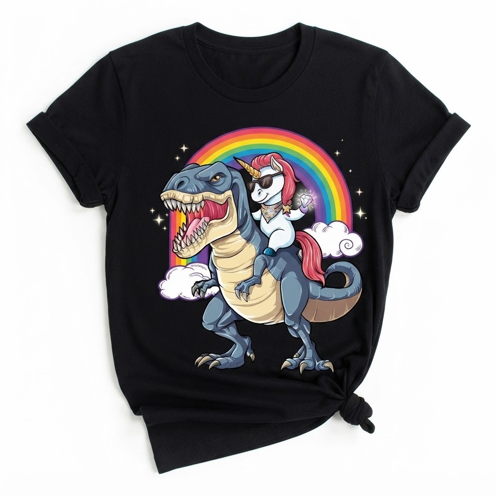 Unicorn Dinosaur T Rex Rainbow Unicorn Black T-Shirt