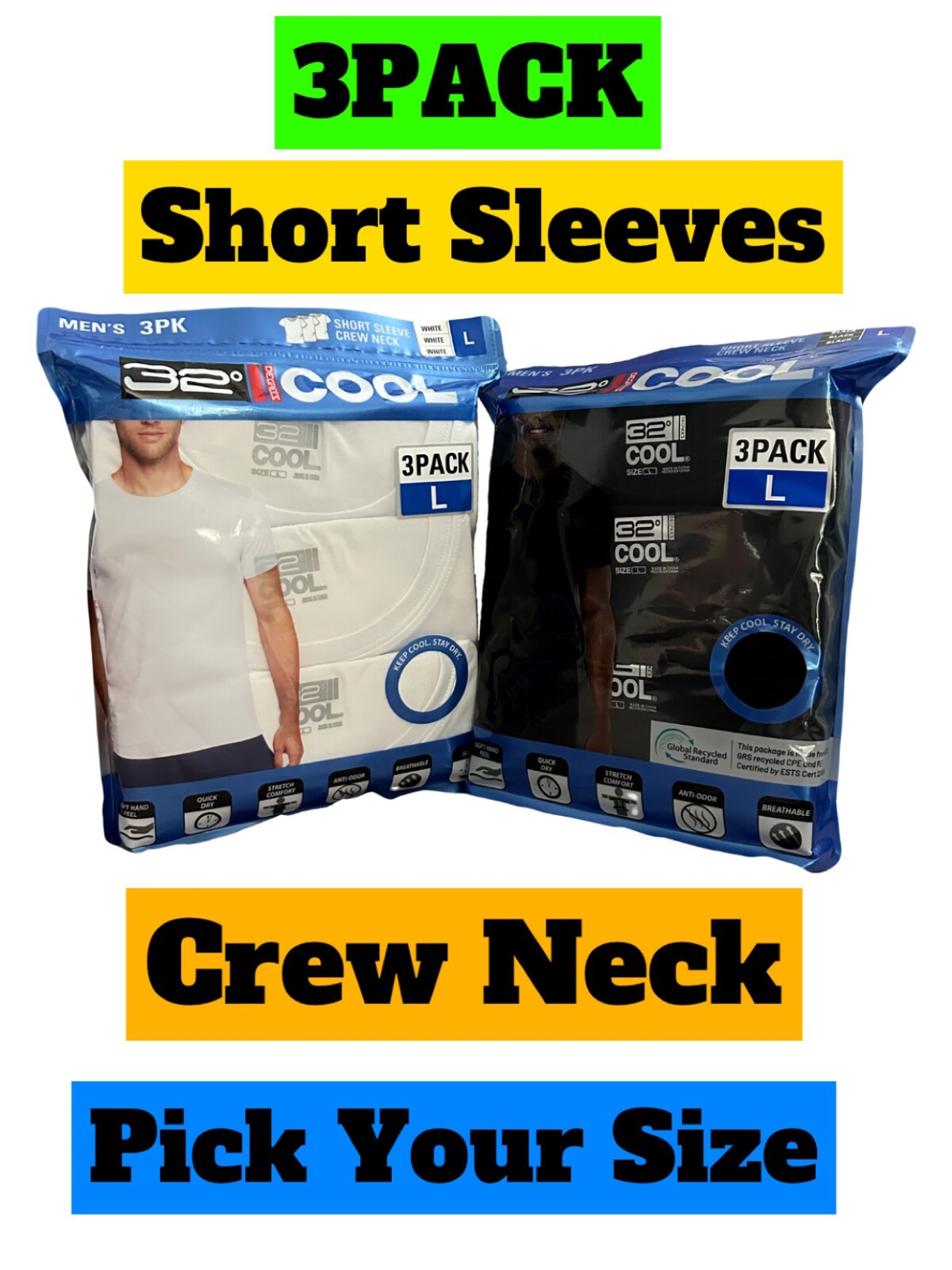 32 DEGREES COOL MEN’S 3 PACK SHORT SLEEVE CREW NECK SHIRT