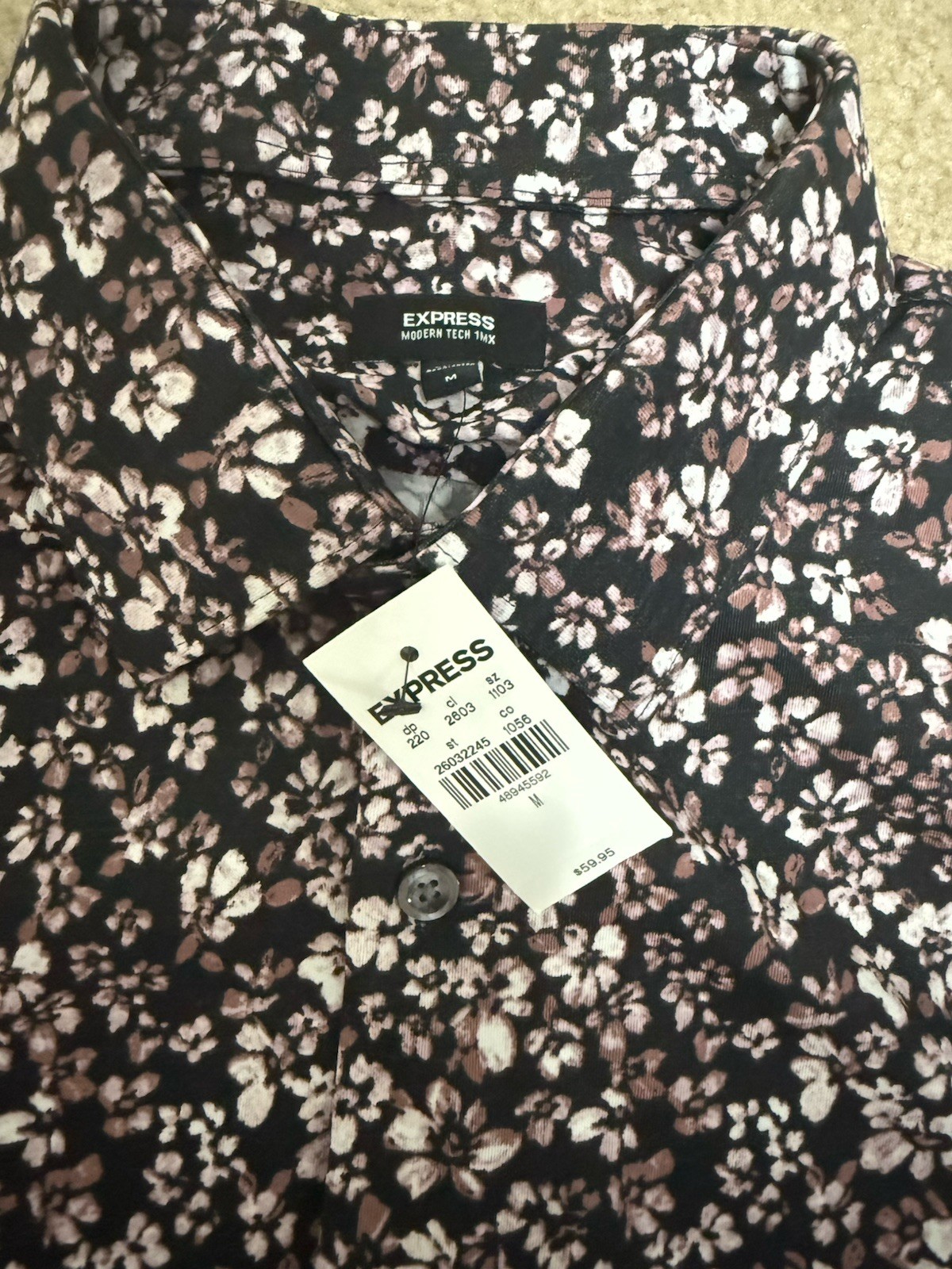 Express Men’s Slim Fit Modern Tech 1MX Floral Print Dress Shirt Black Medium NWT