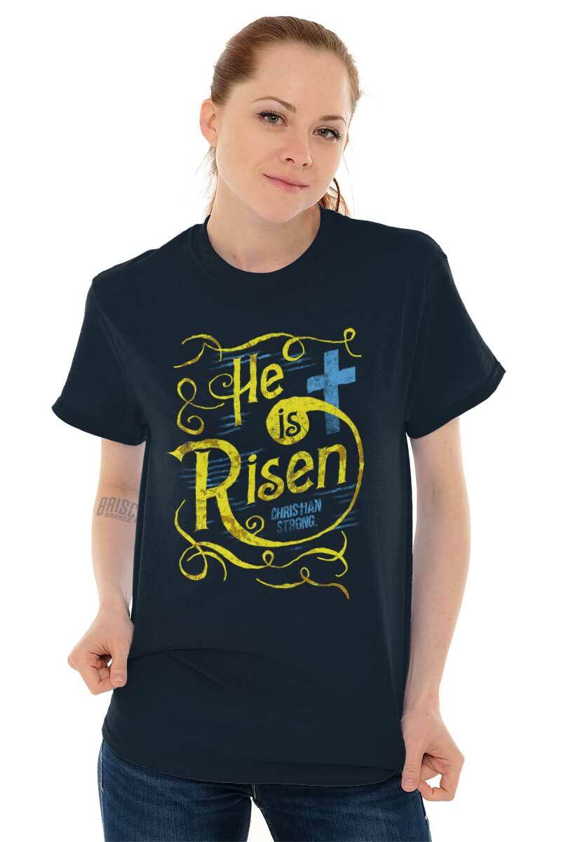 Christian Strong Faith He Is Risen Cross Womens Graphic Crewneck T Shirt Tee
