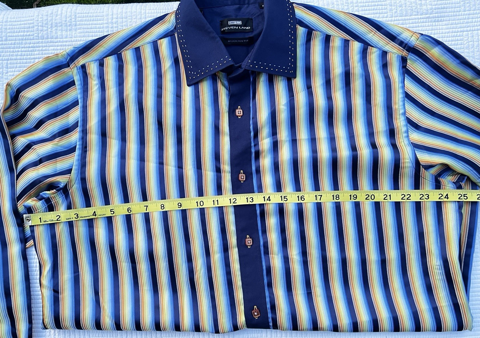 Steven Land XL Y2K Style Striped Dress Shirt Blue Contrast Collar Modern Fit