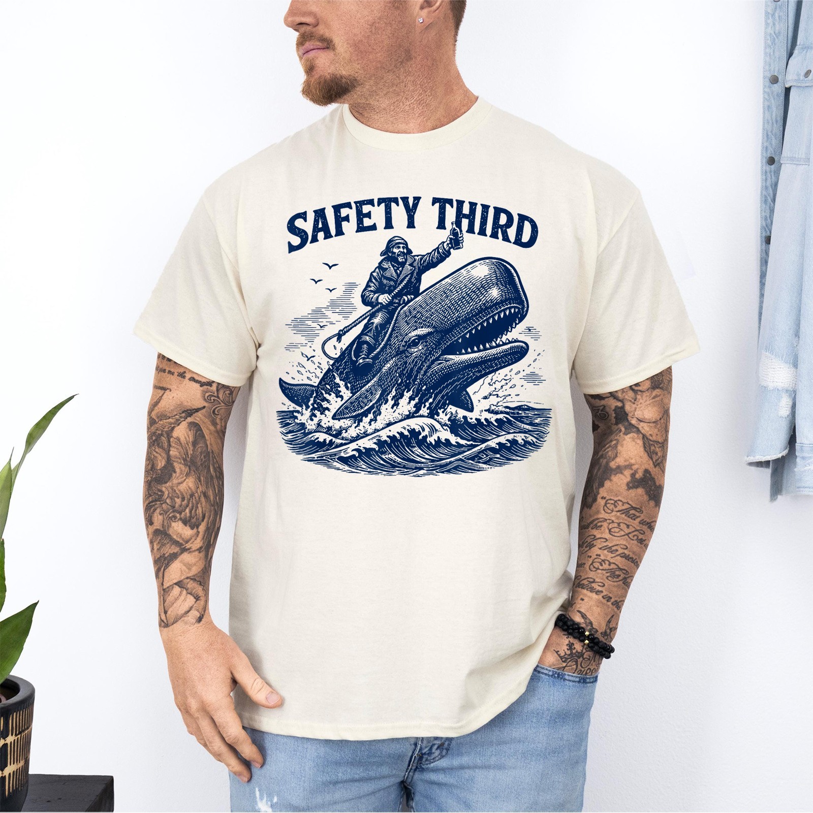 Safety Third Funny Sarcastic Nautical Whale Rider Joke Unisex T-Shirt