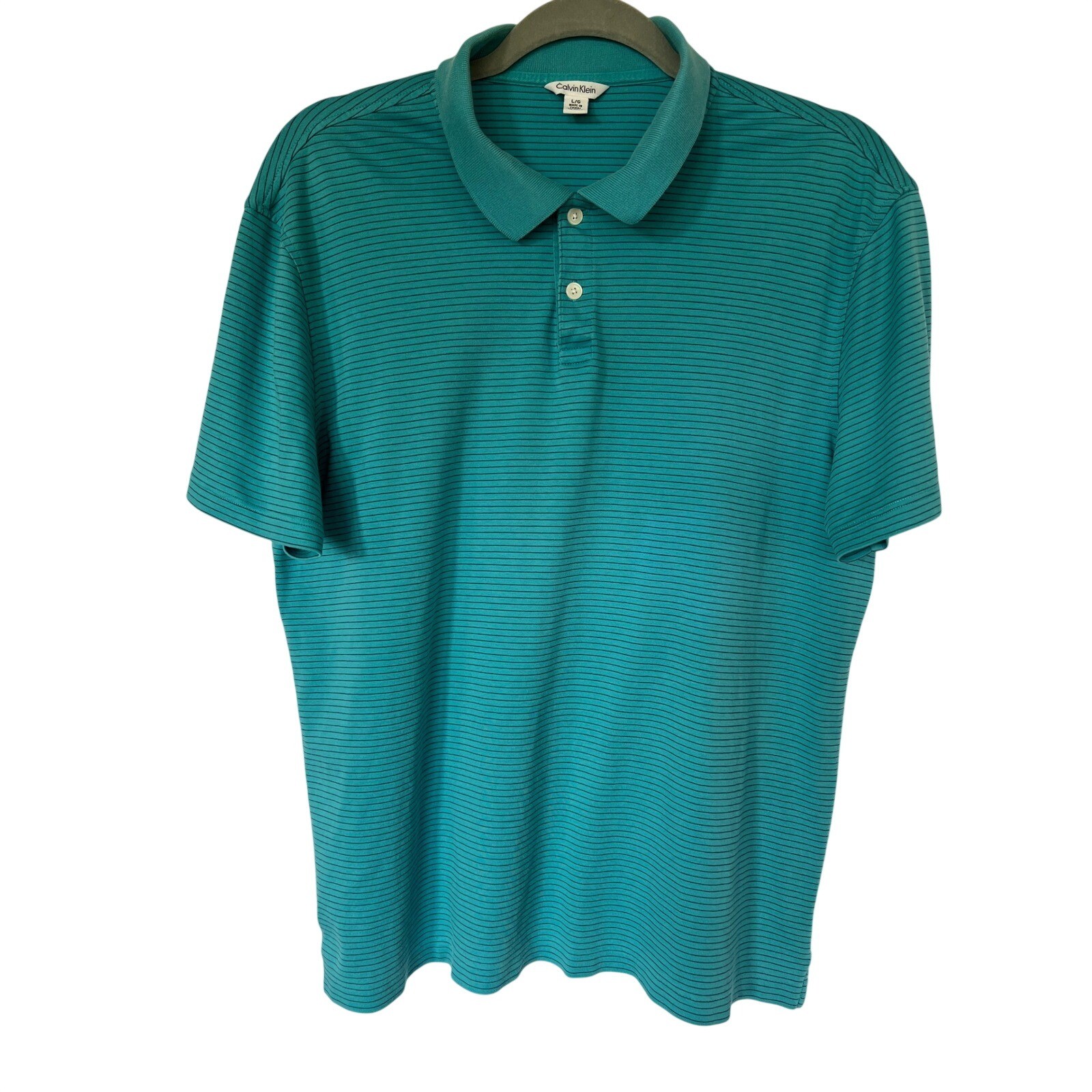 Calvin Klein Mens 90s Preppy Teal Green Striped Short Sleeve Cotton Polo Large