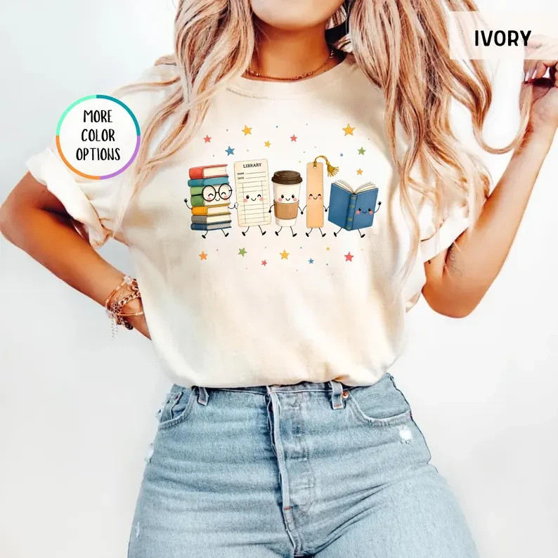 Book Lover T-Shirt Cute Reading Books Coffee Graphic Tee Librarian Teacher Gift