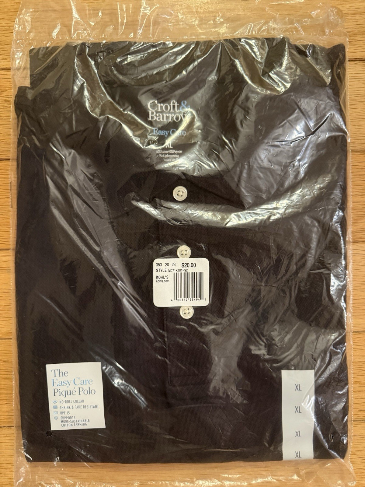 Croft & Barrow Mens Polo XL Black Signature Piqué Cotton Easy Care Classic NWT