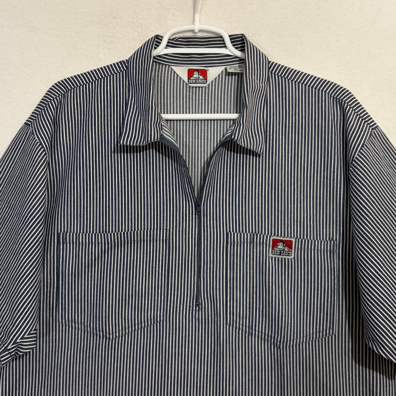 BEN DAVIS Mens Vtg Black White Pinstripe 1/4 Zip Short Sleeve Work Shirt XL USA