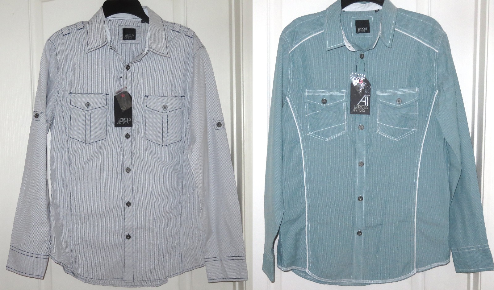 Lot of 2 VARIOUS ARTISTS Teal White Navy Stripes Button Front Shirt Size M NEW