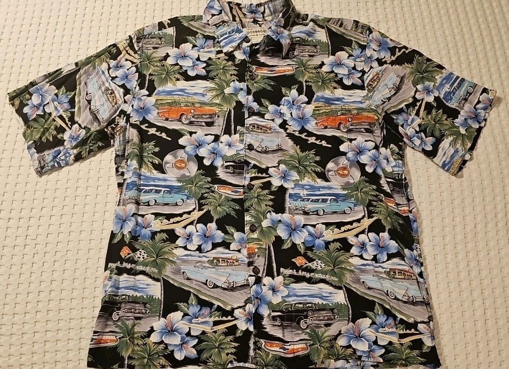 Vintage 90’s Reyn Spooner Size Large Hawaiian Tropical Cars Blue Hibiscus Palms