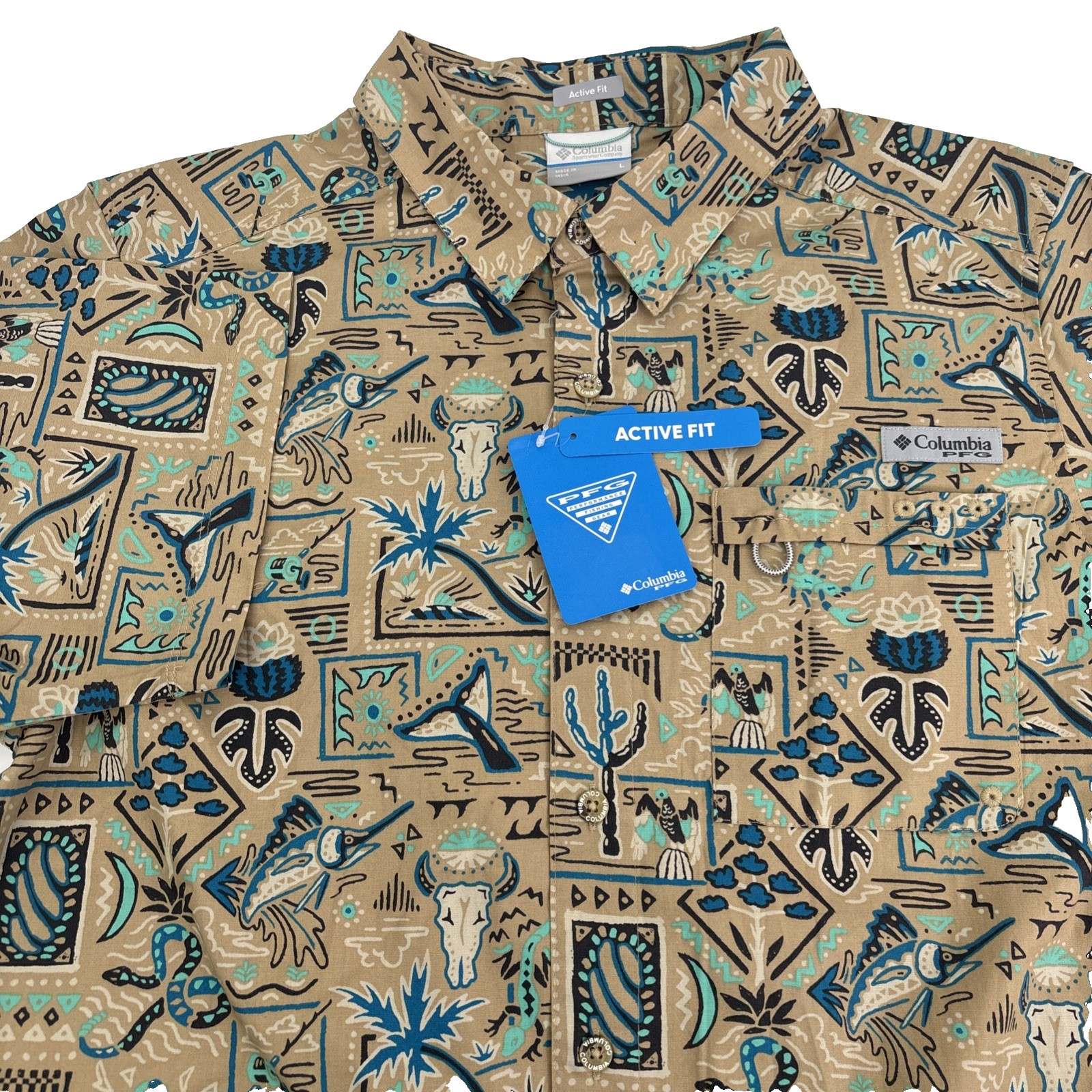 Columbia PFG Mens Wild Cast Camp Fishing Shirt Size Large Active Fit Khaki NWT