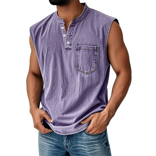 Men Sleeveless Beach Shirts Hawaiian Summer Shirt Button Vest Henley Tank Tops