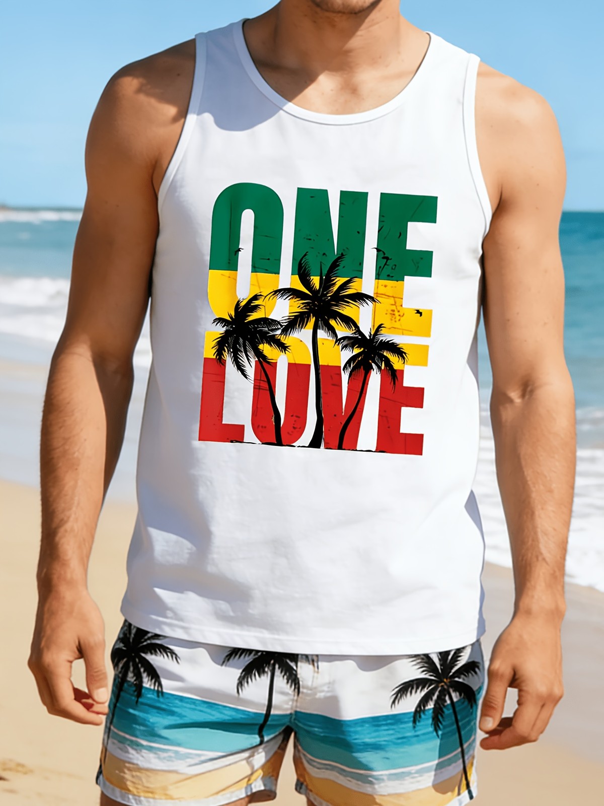 Mens Beach Print Round Neck Sleeveless Tank Top Machine Washable Casual Vest❀