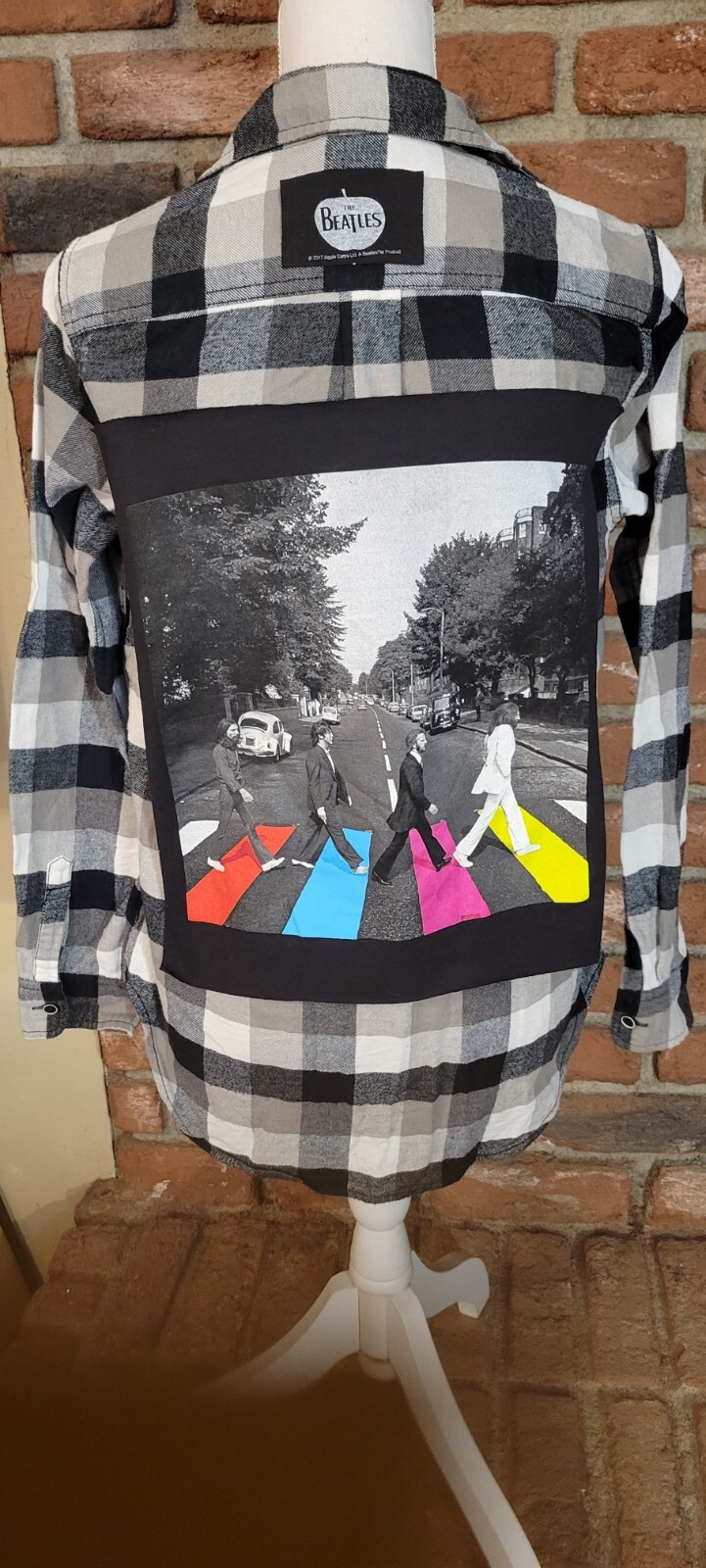 Your choice of BEATLES logo on upcycled flannel. Custom-made to YOUR size