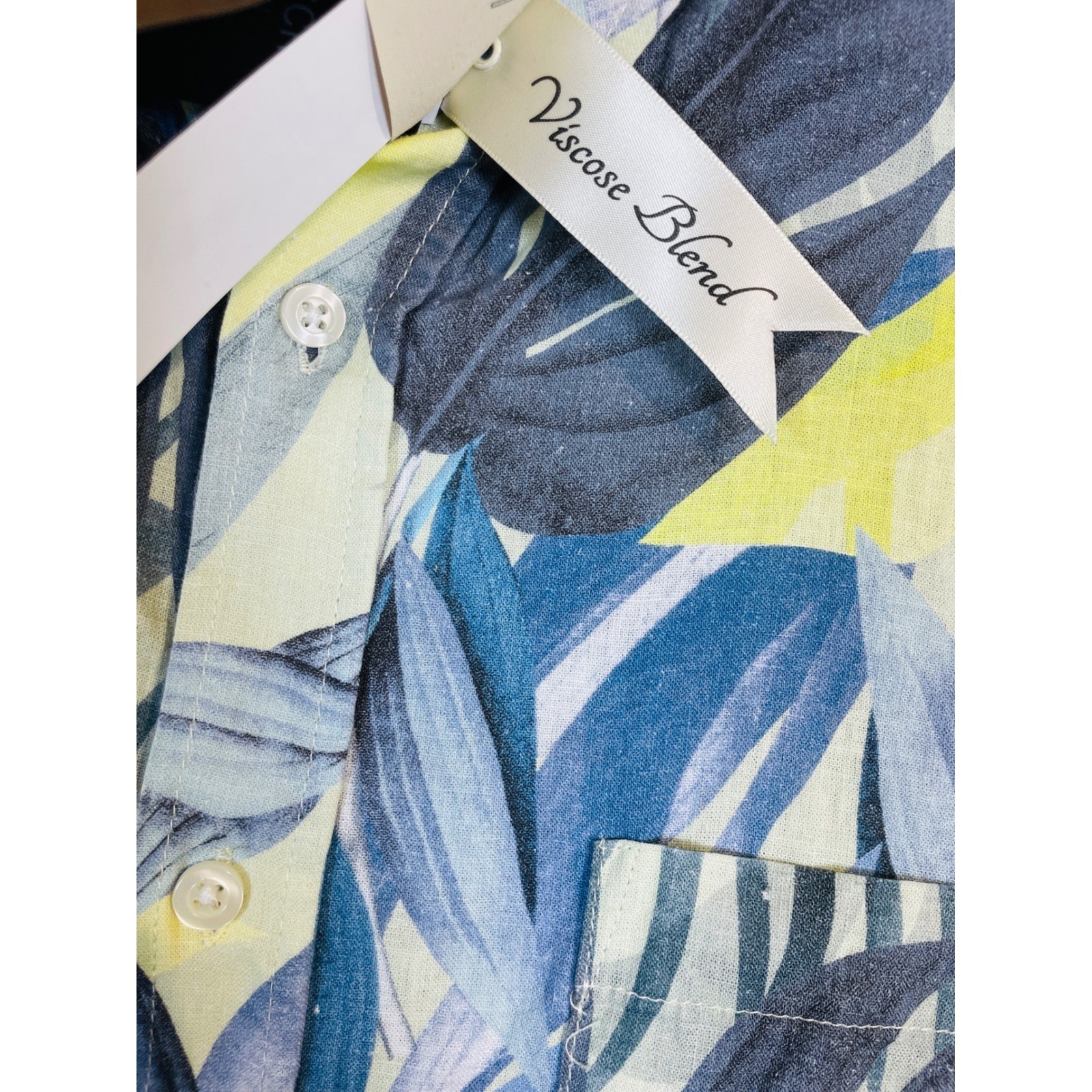 Magaschoni Button Down Shirt Mens Medium Blue Yellow NEW Tropical Linen Blend