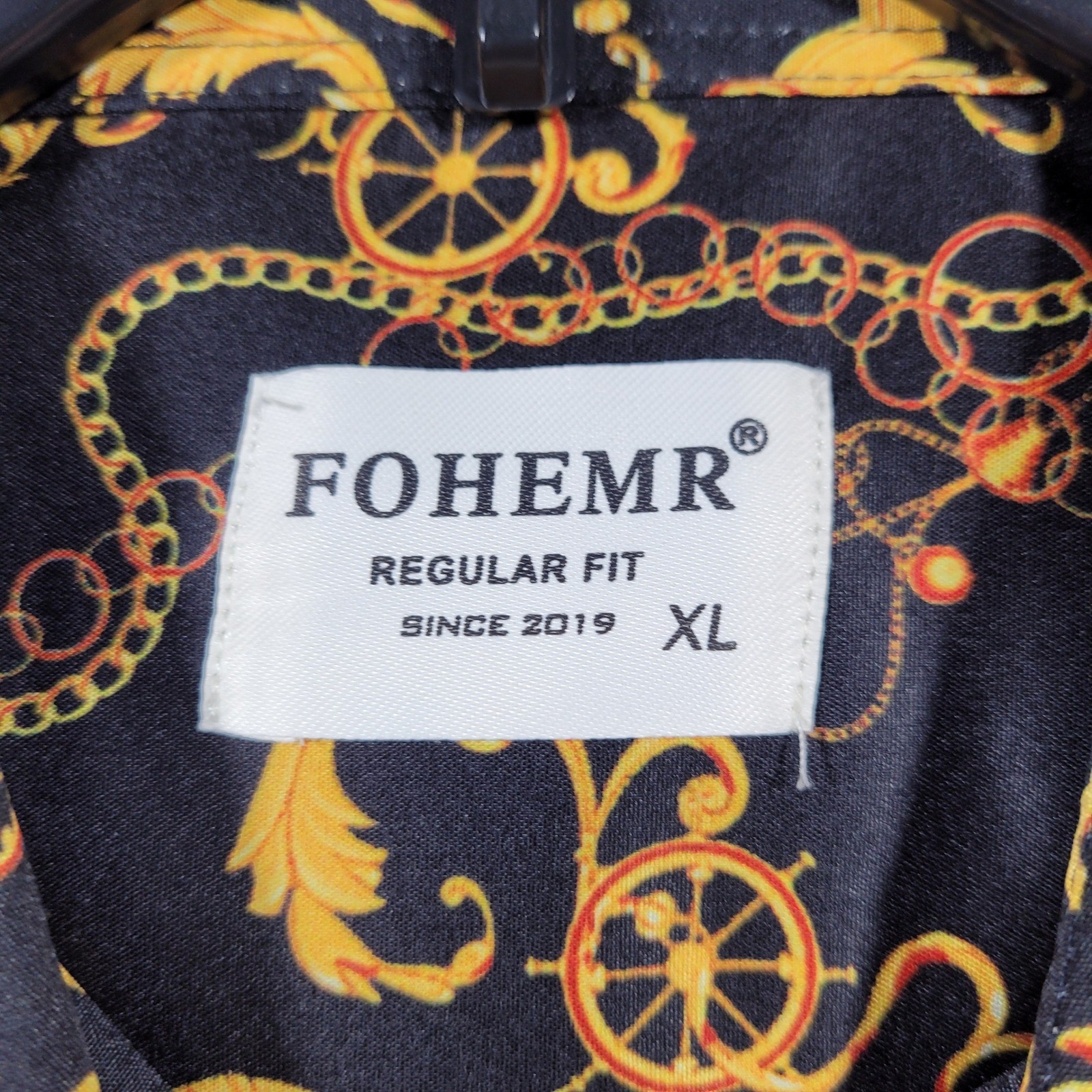 FOHEMR Mens Black Gold Chain Print Short Sleeve Button Up Shirt XL