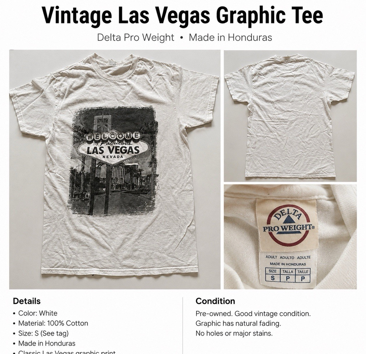 Delta Pro Weight Vintage Las Vegas Graphic Tee Unisex S White Crew Neck