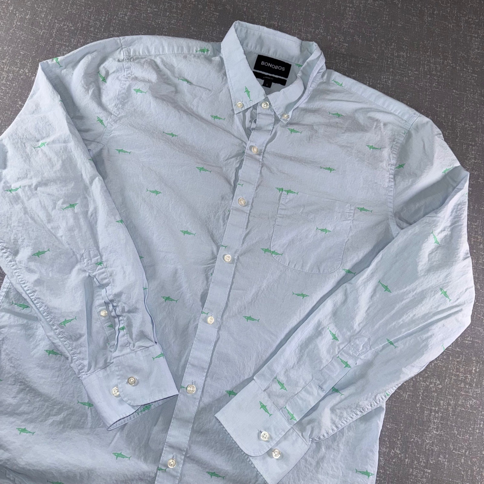 Bonobos Mens Standard Fit Light Blue Shark Embroidered Button Down Shirt Size L