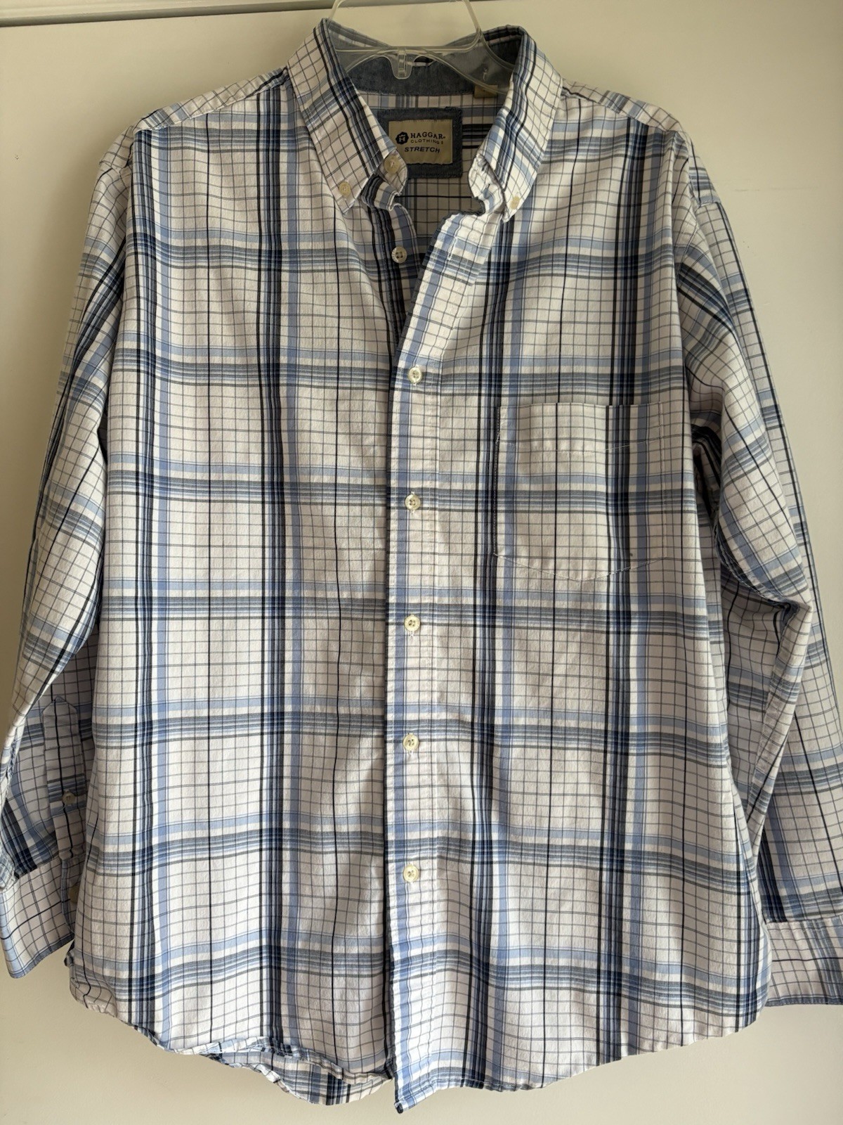 Haggar Clothing Stretch Mens Button Down PLAID SHIRT LS Blue White Black Size L