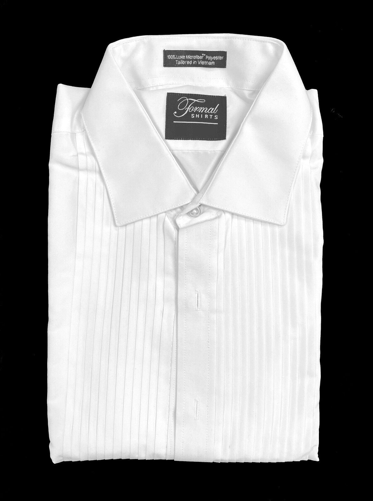 Men’s White Tuxedo Shirt Pleated Front Laydown Point Collar Big & Tall 7XL 36/37