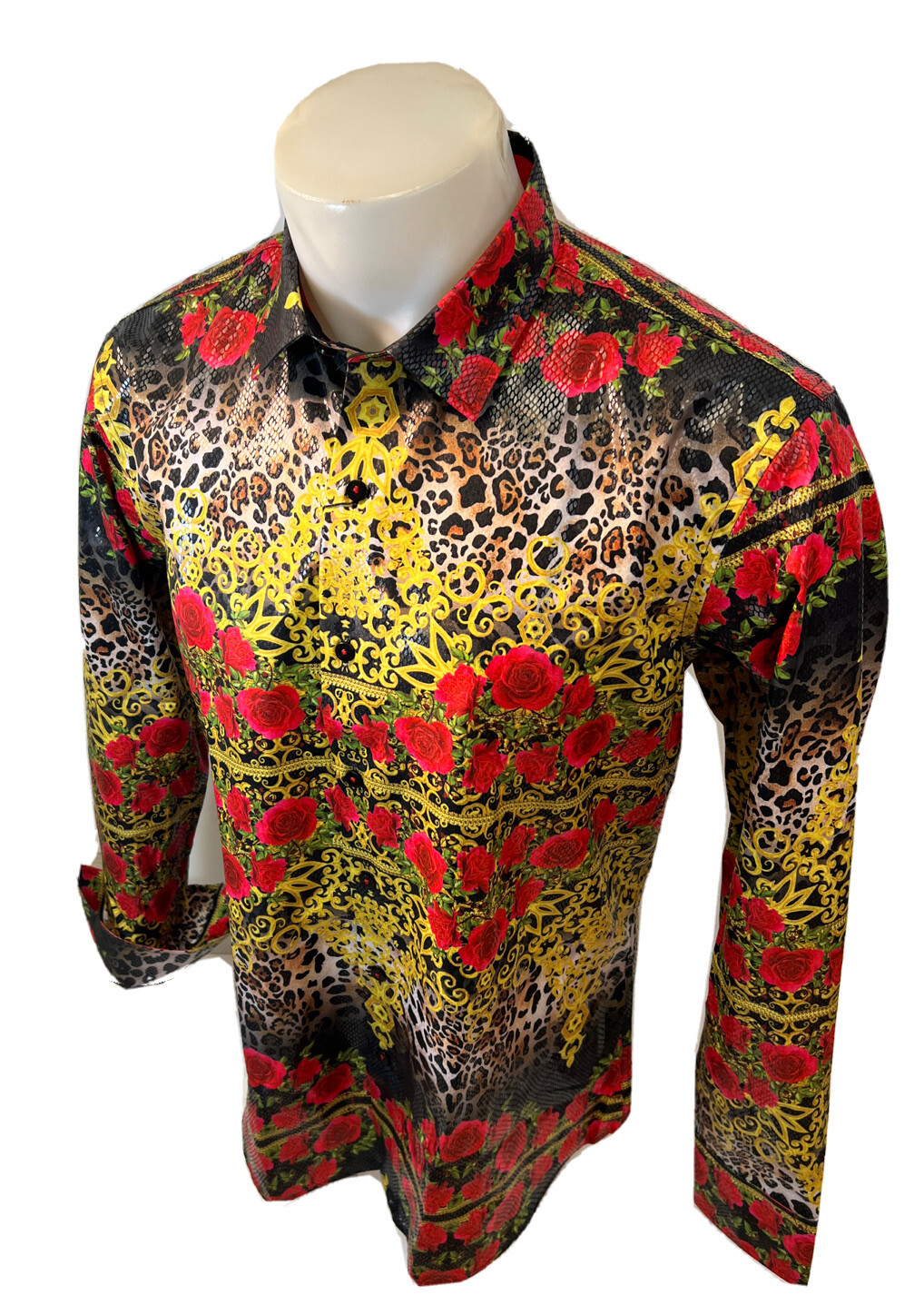 Button Down SHIRTS MEN BAROQUE LONG SLEEVE BLACK LEOPARD ROSES SNAKESKIN VS127