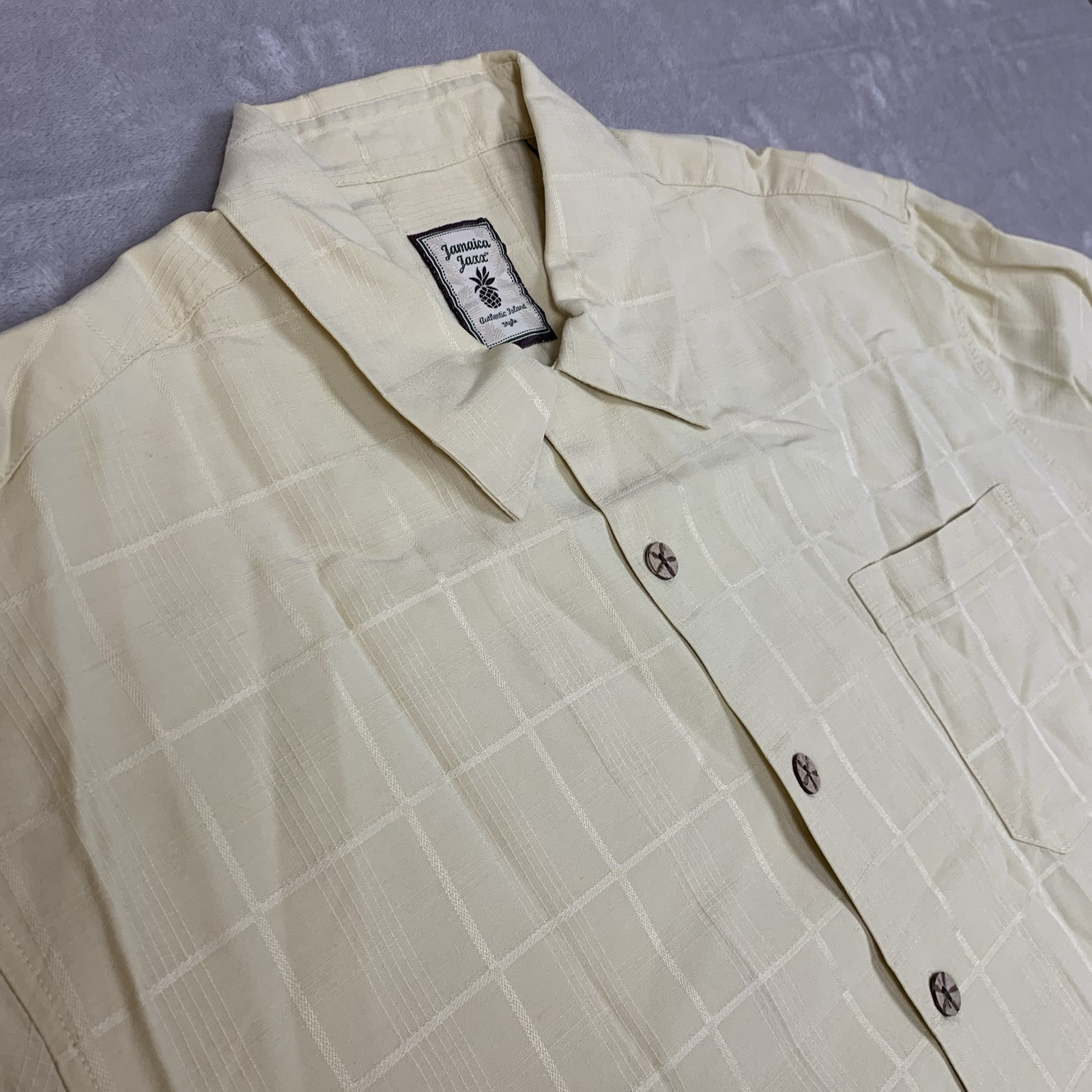 Jamaica Jaxx Hawaiian Shirt Mens Large Yellow Textured Pattern 100% Silk Beach