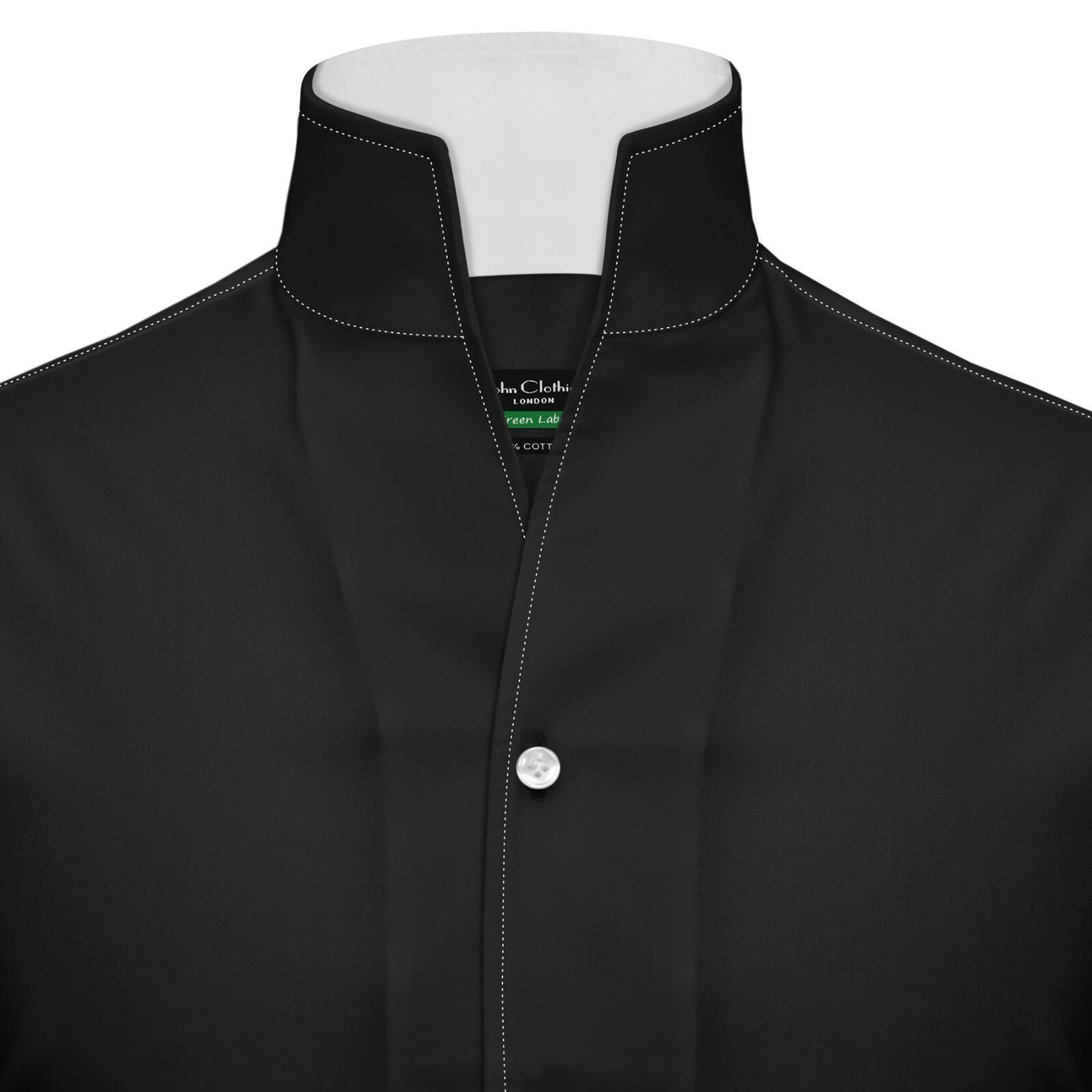 Black Contrast White Stitch High Open Collar Mens Preppy Style 100% Cotton Shirt