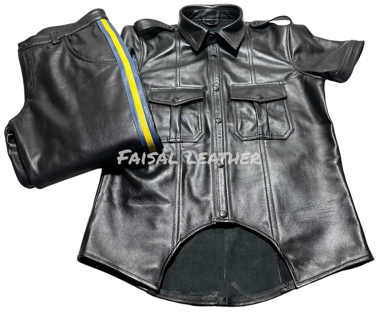 Men’s Original Cowhide Black Leather Police Shirt & Pant Uniform Set Sexy NYPD