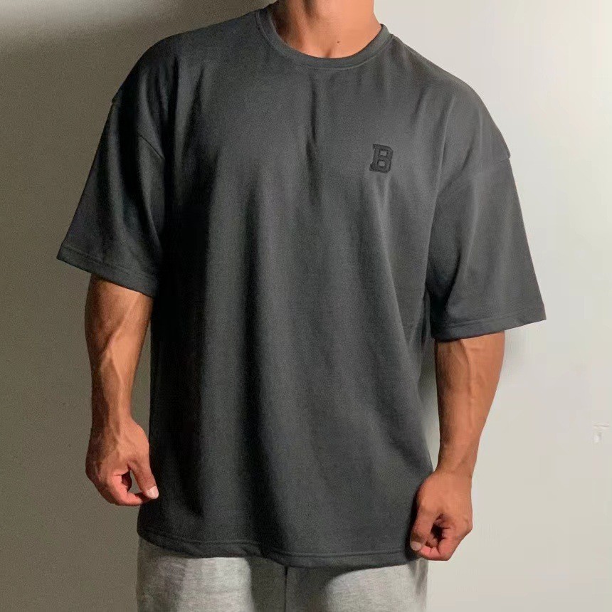 Men’s Oversize Drop Shoulder Muscle T‑Shirt Loose Fit Gym Fitness Streetwear