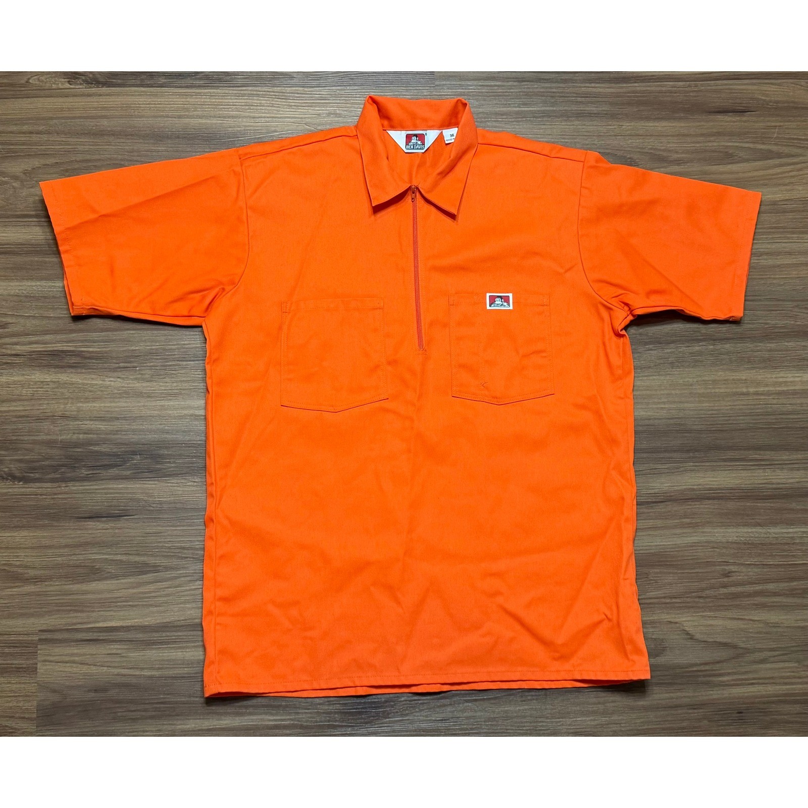 VTG Ben Davis Mens Half Zip Work Shirt Orange SS Heavy Duty USA Made Sz M