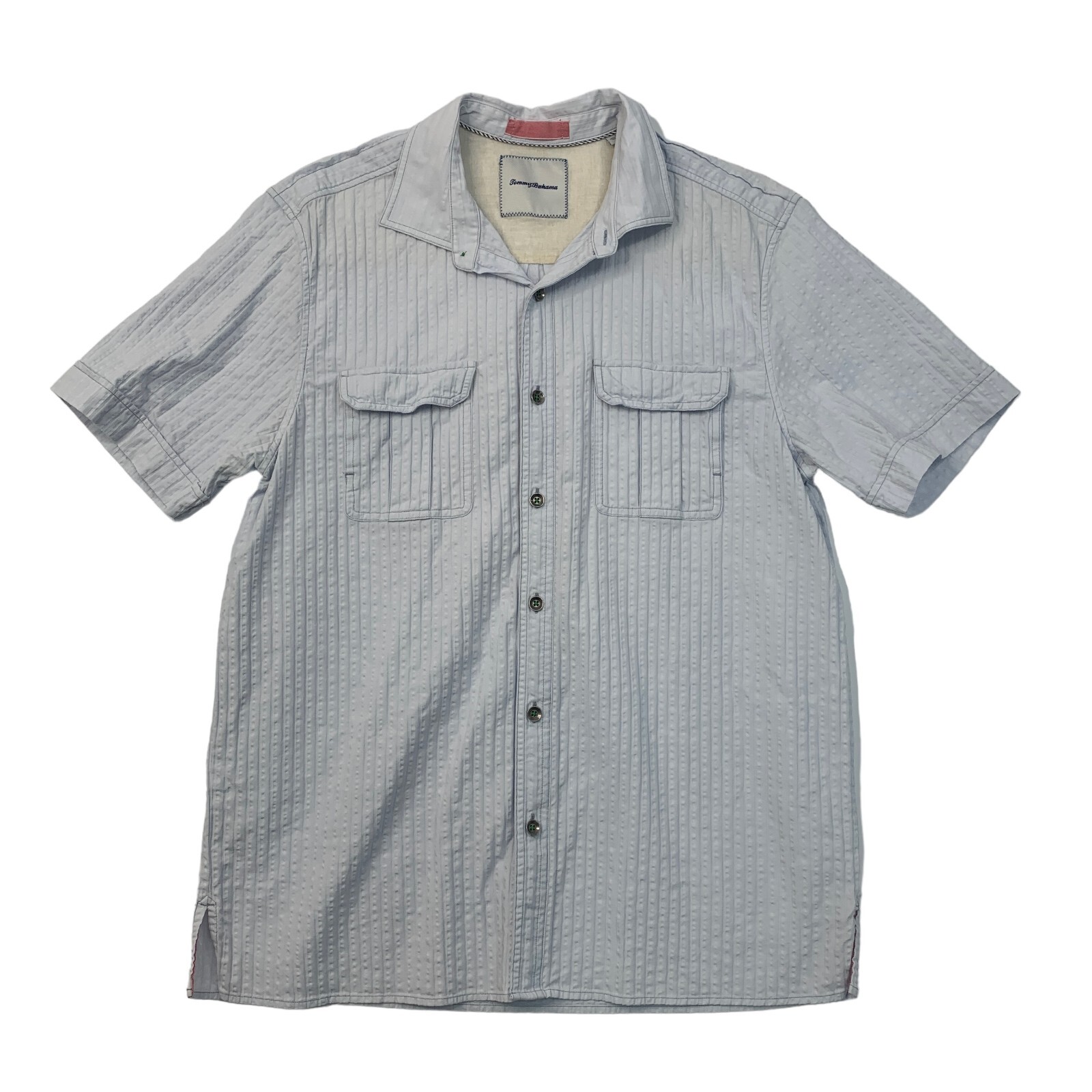 Tommy Bahama Shirt Mens Large Cloud Grey Ribbed Textured Seesucker Chest Pockets